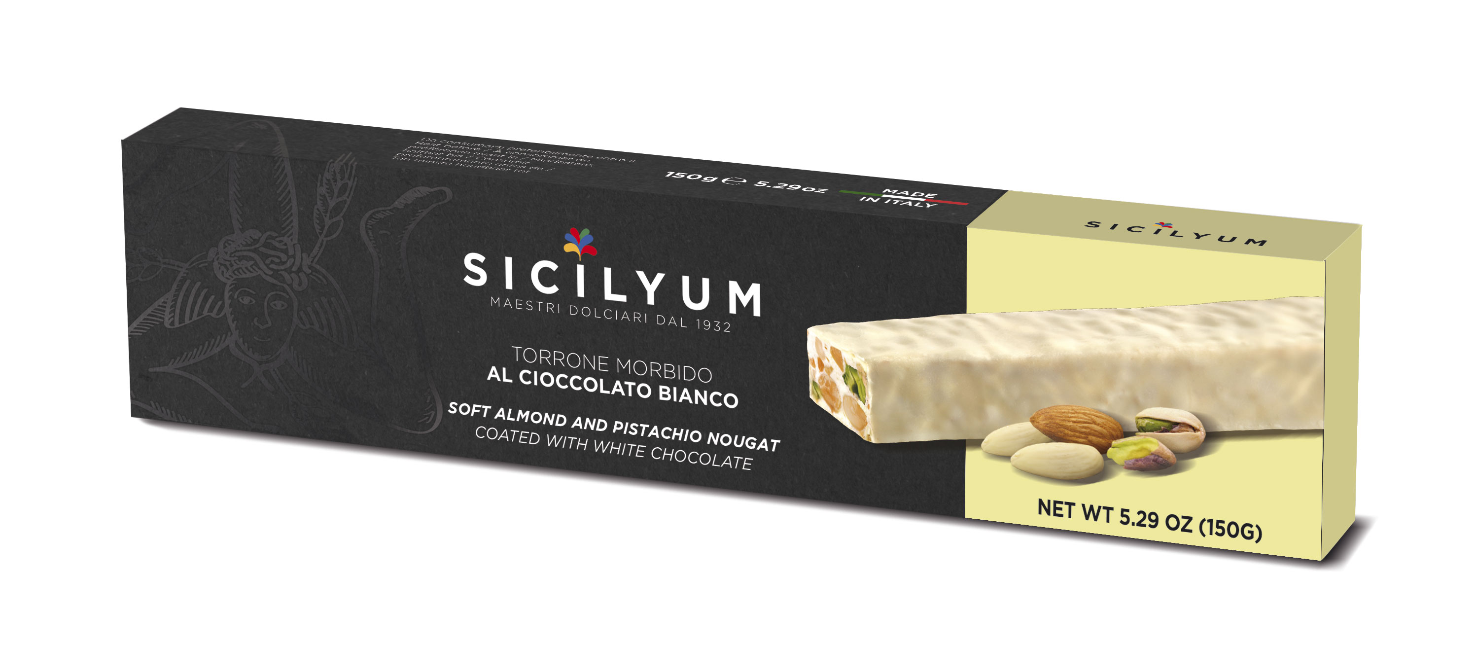 Nougat s mandlemi a pistáciemi v bílé čoko. 150g 